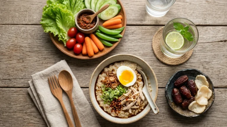 Ilustrasi meja makan berisi berbagai resep menu sahur sehat dan praktis dalam gaya flat vector minimalis