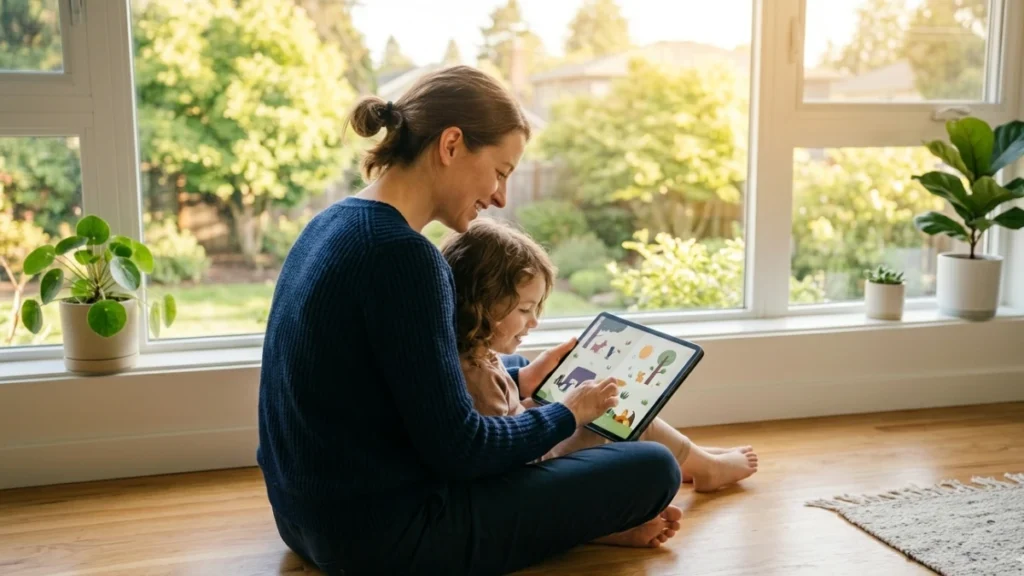 Orang tua mendampingi anak menggunakan tablet di rumah sebagai bagian dari cara mendidik anak di era digital
