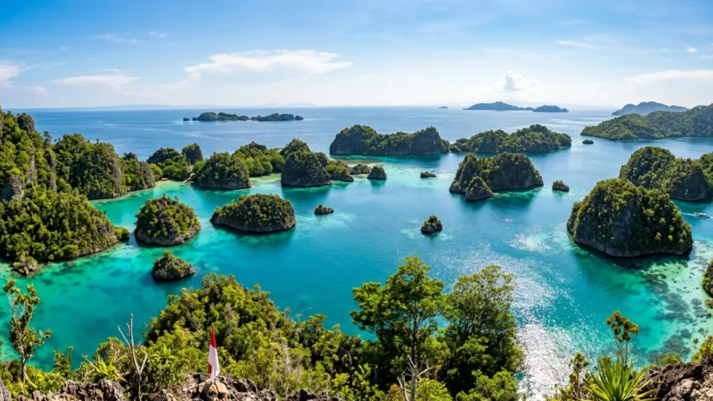 Pemandangan gugusan pulau karang di laut biru jernih yang menggambarkan keindahan alam indonesia