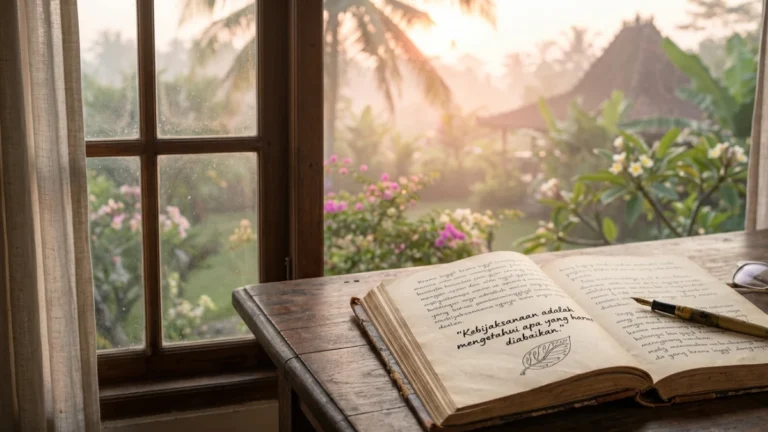 Pemandangan matahari terbit yang tenang dengan buku terbuka yang melambangkan kata bijak kehidupan untuk motivasi