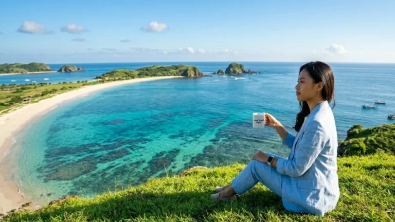 Pemandangan pantai berpasir putih di Lombok dengan air laut jernih yang menggambarkan wisata lombok murah