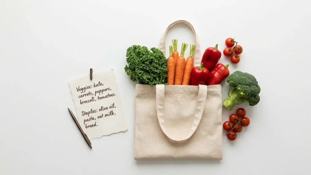 Seseorang menyiapkan daftar belanja untuk grocery shopping artinya kebutuhan dapur mingguan yang terencana.