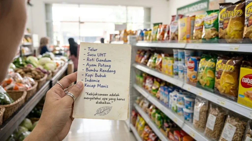 Seseorang sedang memegang daftar belanja dan memilih barang di supermarket sebagai bentuk tips hemat belanja