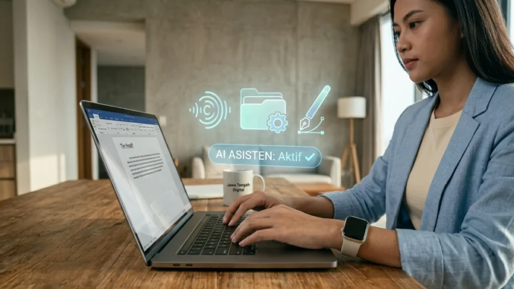 Visualisasi futuristik dari interaksi manusia dengan antarmuka fitur ai terbaru yang transparan dan bercahaya