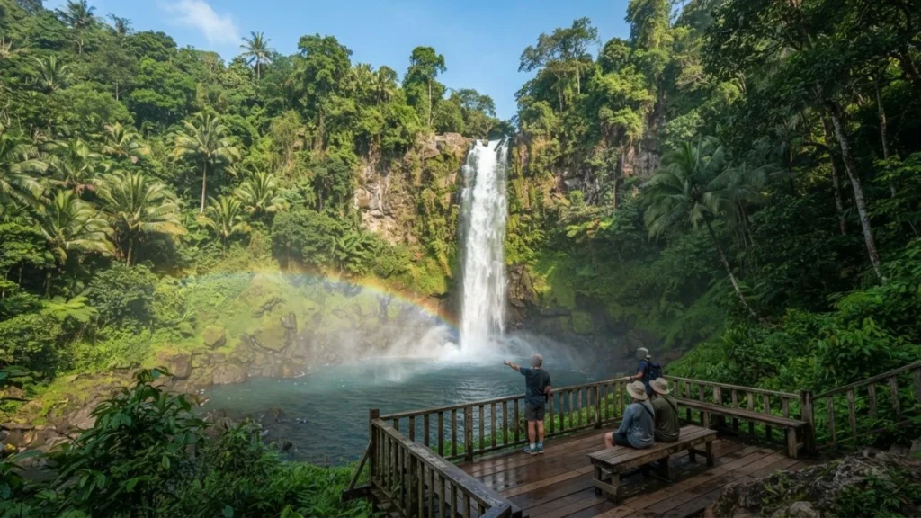 air terjun nglirip tuban dengan pelangi alami di sore hari