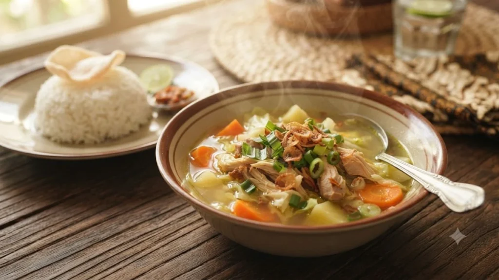 sop ayam bening segar dengan wortel kentang dan kol