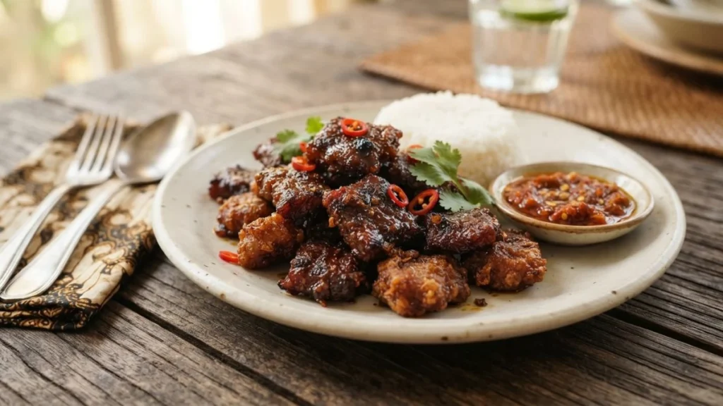 dendeng sapi empuk dan manis siap disajikan dengan nasi hangat