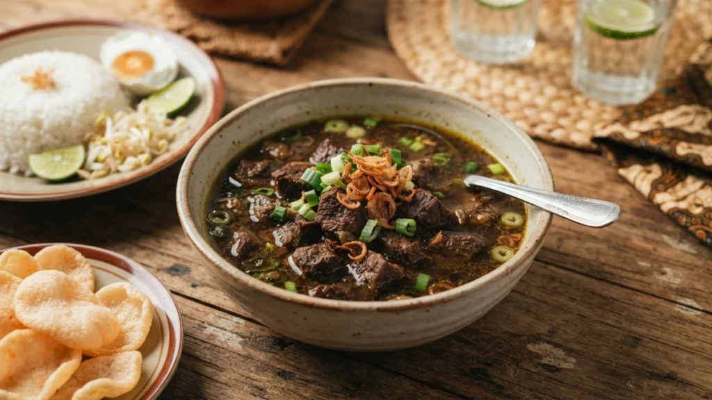 rawon daging sapi kuah hitam khas jawa timur dengan taoge dan telur asin