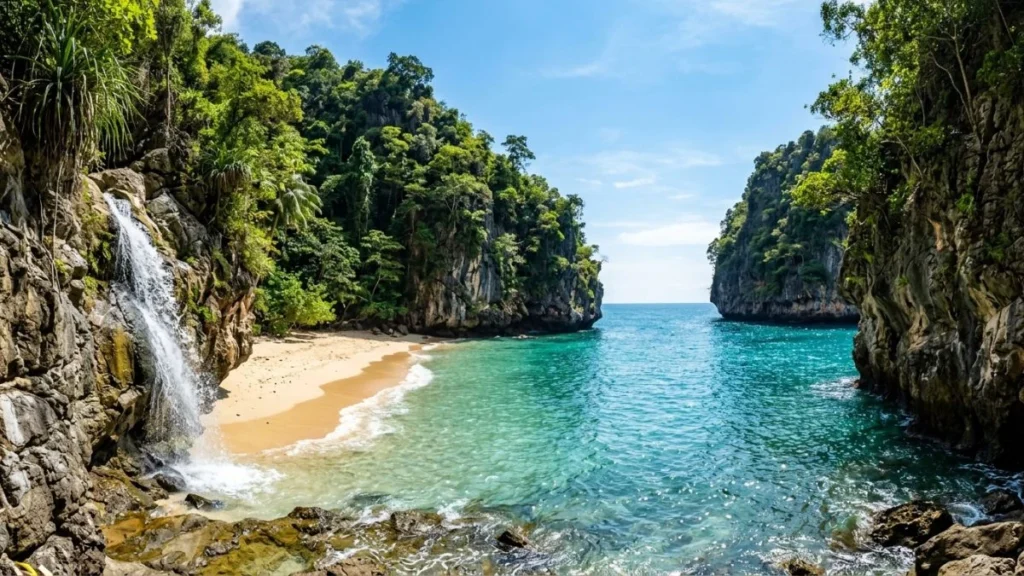 pantai banyu tibo pacitan dengan air terjun yang jatuh ke laut