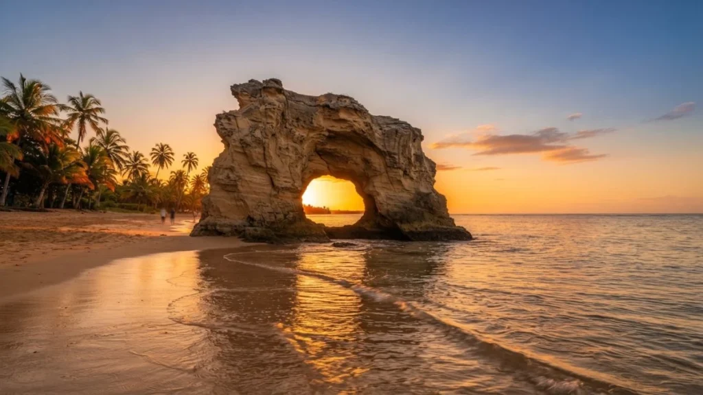 pantai batu saung anyer dengan batu karang ikonik saat matahari terbenam