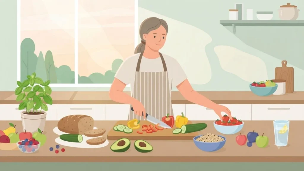 ilustrasi tips diet sehat untuk pemula dengan makanan bergizi seimbang